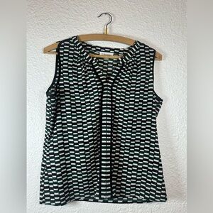 Calvin Klein Sleeveless Geometric Print Blouse PM Green Black White Career Top